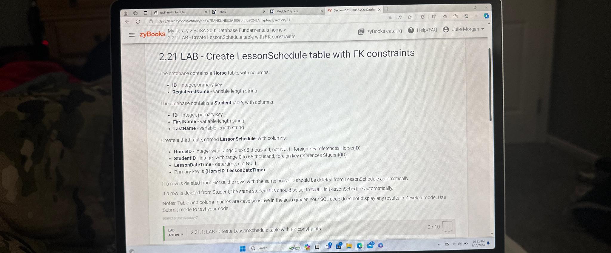  2.21 LAB - Create LessonSchedule table with FK constraints The database