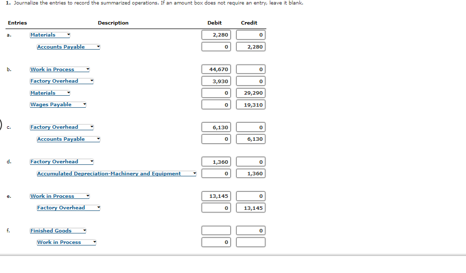 entry, leave it blank. b. Work in Process Factory Overhead Materials Wages