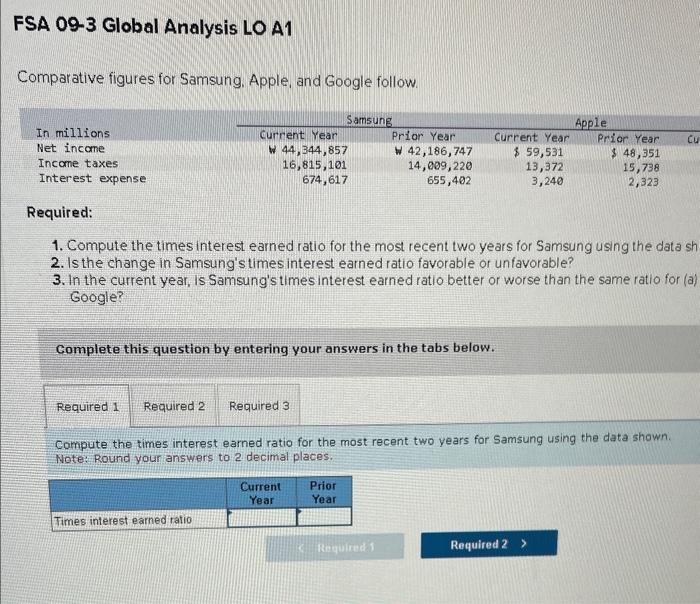 Apple and Google follow Required: 1. Compute times interest earned for the