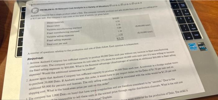  Ca S Ct E Ta PROBLEM 6-19 Relevant Cost Analysis In