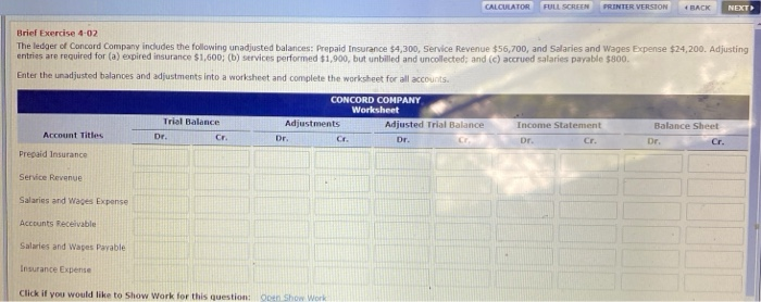  CALCULATOR FULL SCREEN PRINTER VERSION RACK NEXT Brief Exercise 4-02 The