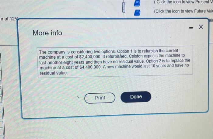 Colston expects the following net cash inflows from the two options (Click
