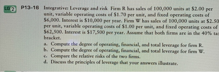  please do in excel and formulas display Integrative: Leverage and risk