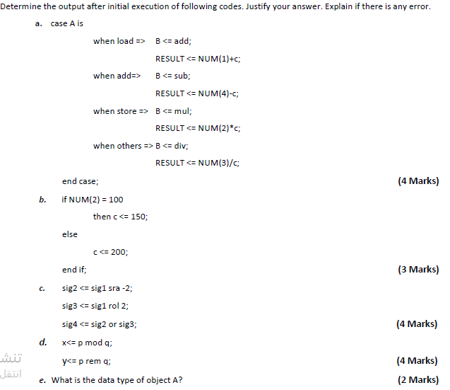 Q1: Consider the below object declarations. signal sig1: std_logic_vector (7 downto 0):