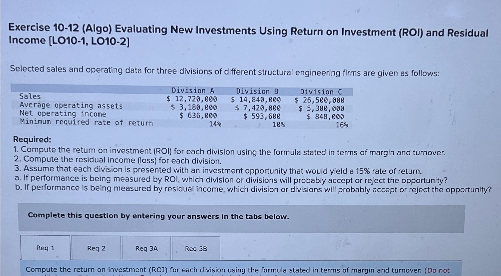  Exercise 10-12(Algo) Evaluating New Investments Using Return on Investment (ROI) and
