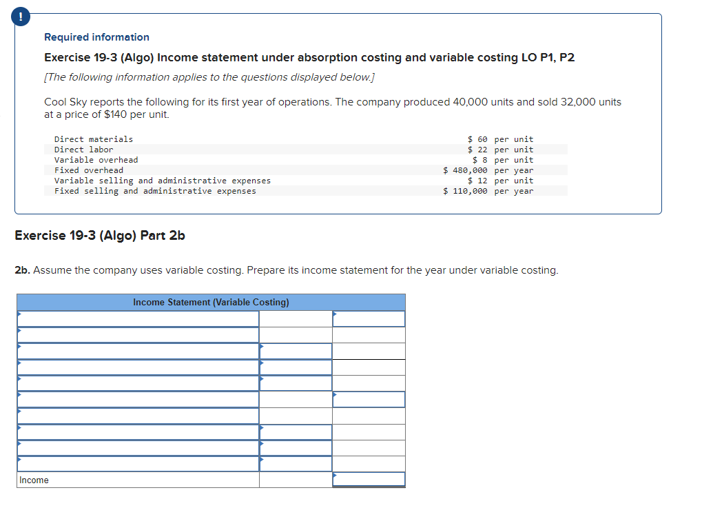 Exercise 19-3 (Algo) Income statement under absorption costing and variable costing