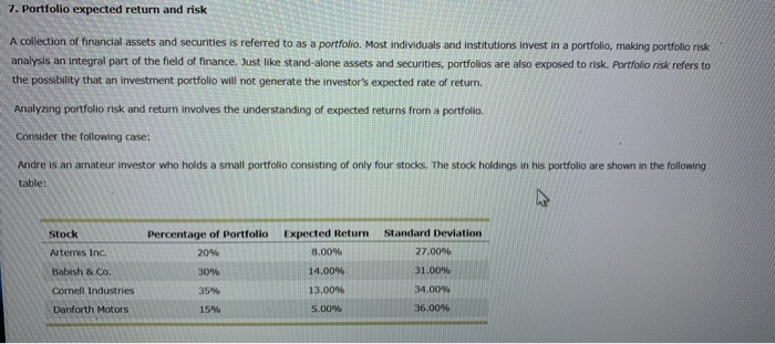  Equal to/less than/more than 7. Portfolio expected return and risk A