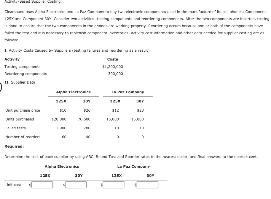 Activity-Based Supplier Costing Clearsound uses Alpha Electronics and La Paz Company
