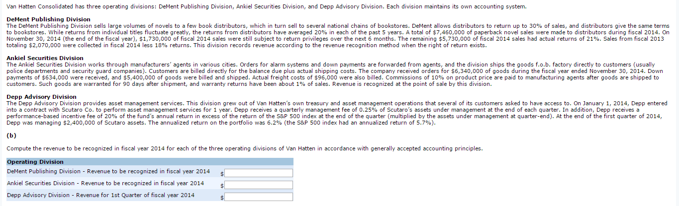 Van Hatten Consolidated has three operating divisions: DeMent Publishing Division, Ankiel