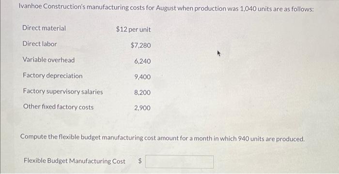  Ivanhoe Construction's manufacturing costs for August when production was 1,040 units