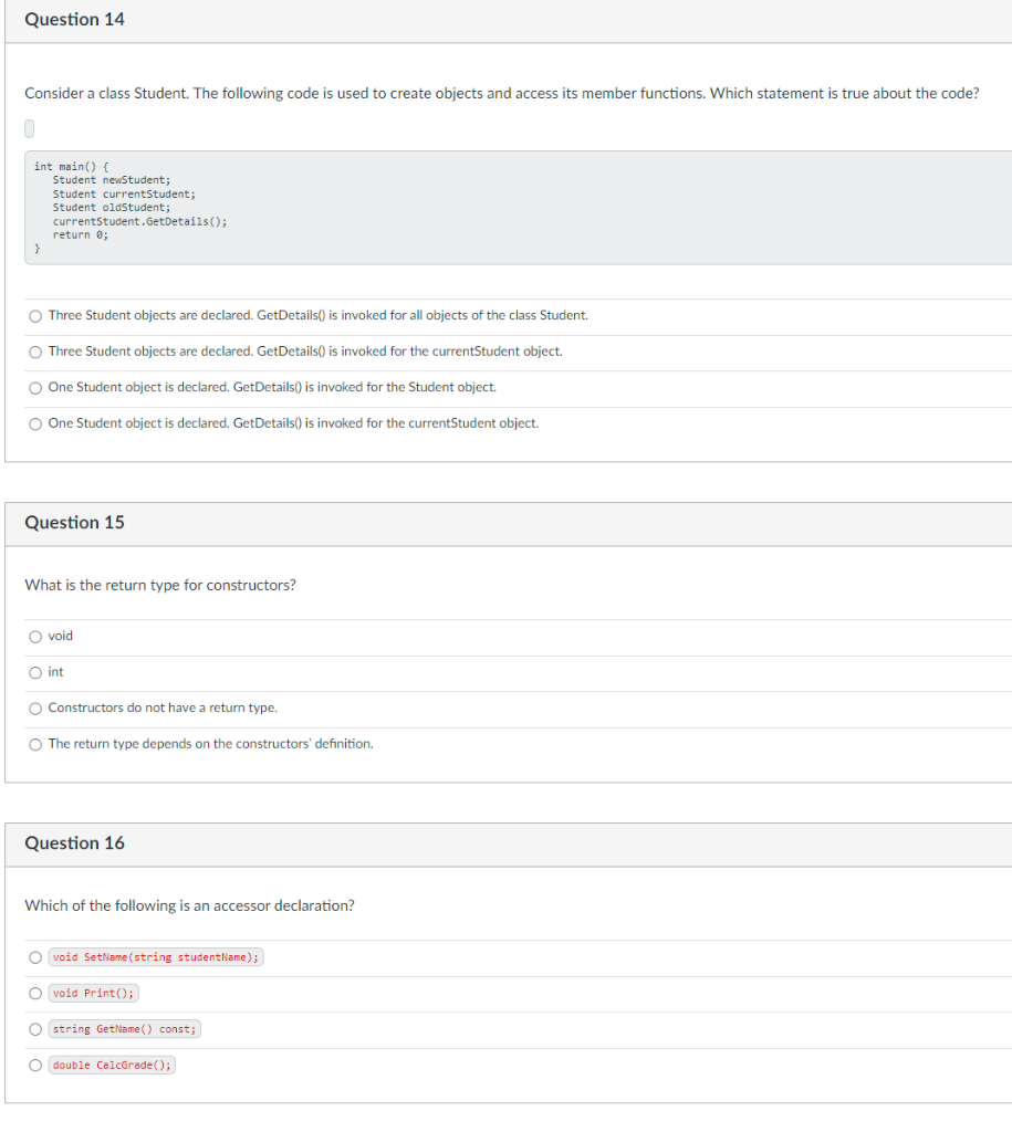 Consider a class Student. The following code is used to create
