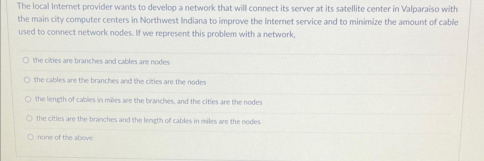  The local Internet provider wants to develop a network that will