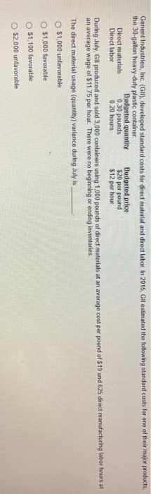 direct material and direct labor, in 2015. G the 30 gallon heavy-duty