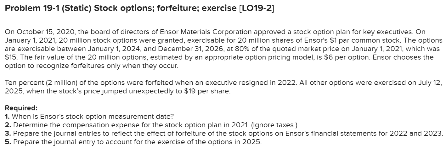  Problem 19-1 (Static) Stock options; forfeiture; exercise (LO19-2] On October 15,