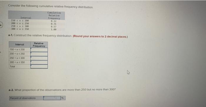  Consider the following cumulative relative frequency distribution. a-1. Construct the relative