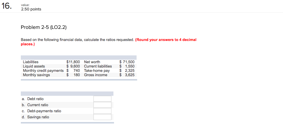 value: 2.50 points Problem 2-5 (LO2.2) Based on the following financial