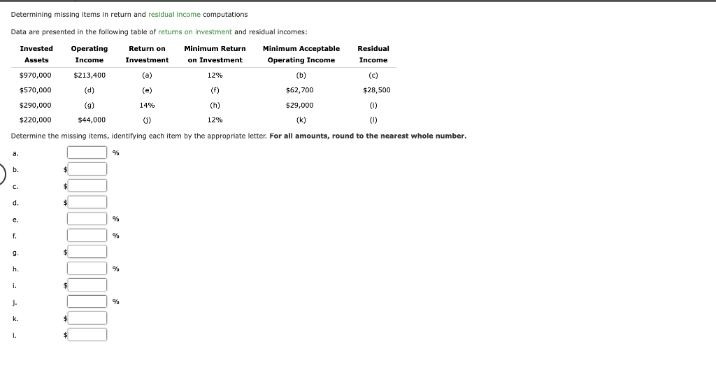 Determining missing items in return and residual income computations Data are