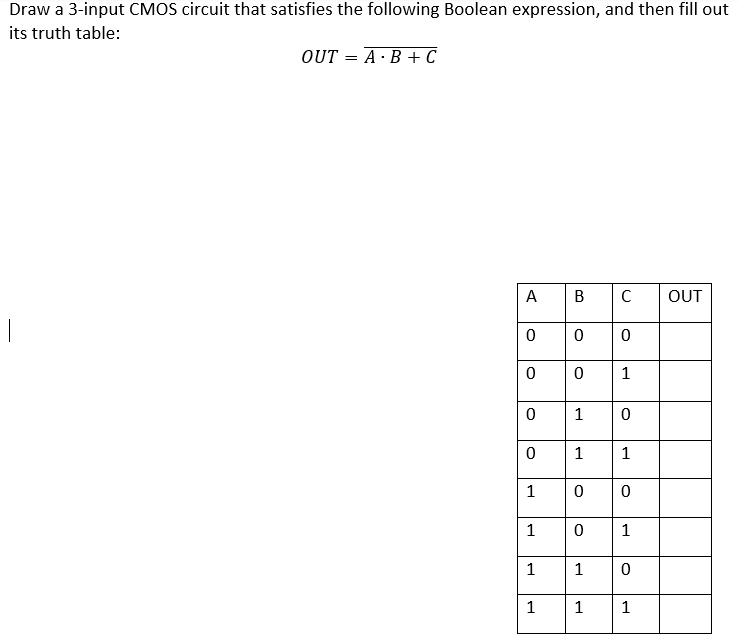  Draw a 3-input CMOS circuit that satisfies the following Boolean expression,