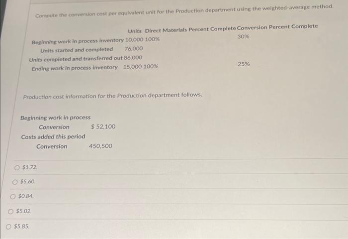  Compute the conversion cost per equivalent unit for the Production department