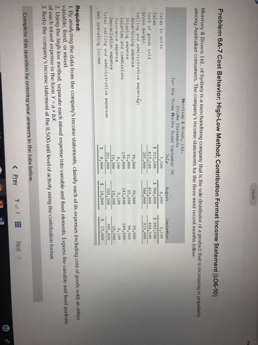 Problem 6A-7 Cost Behavior: High-Low Method; Contribution Format Income Statement (L06-10)