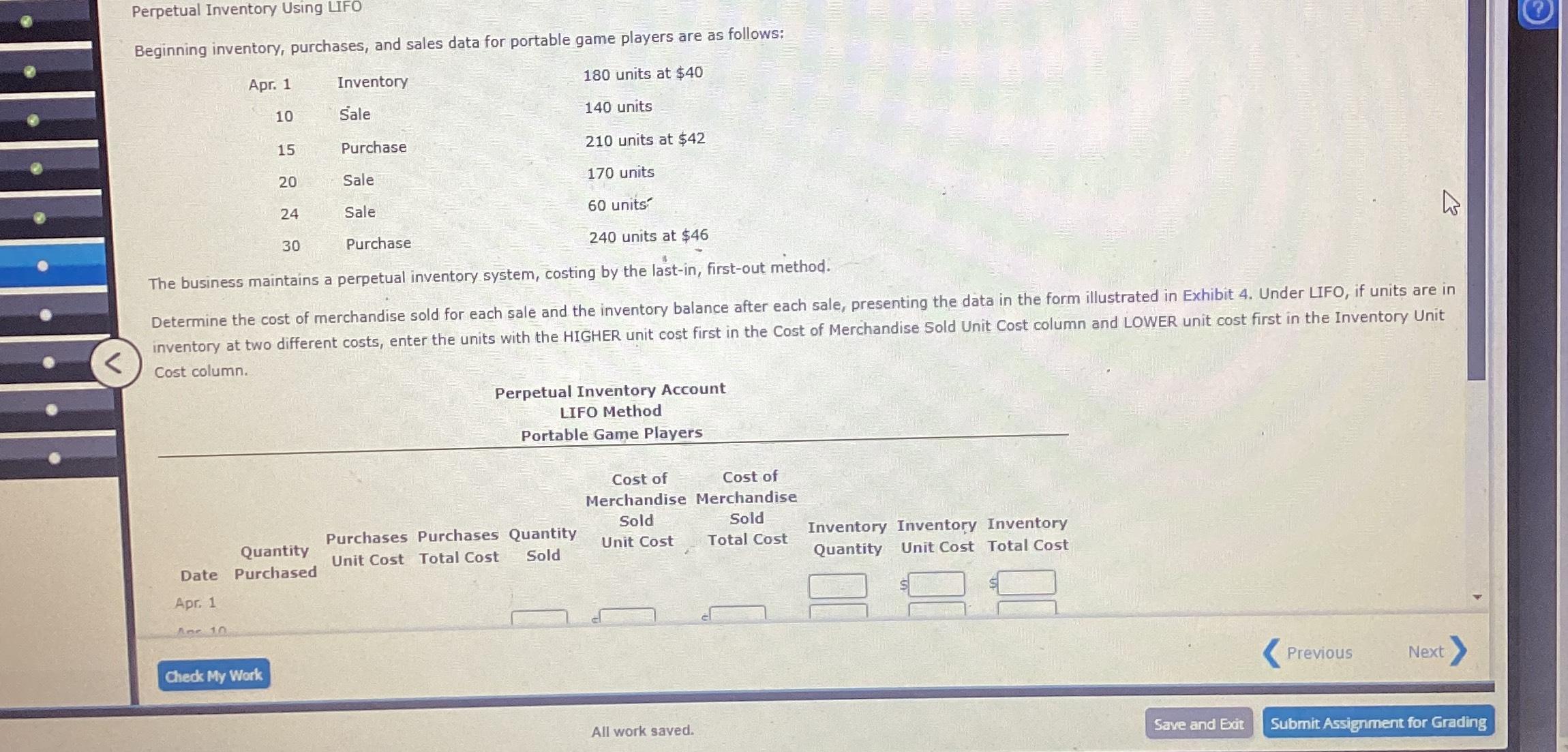  Perpetual Inventory Using UFO Beginning inventory, purchases, and sales data for