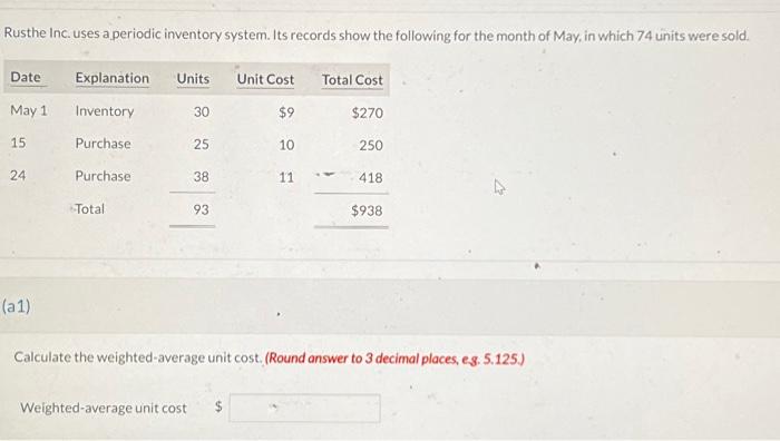  Rusthe Inc. uses a periodic inventory system. Its records show the