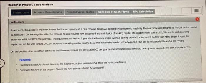  Basic Net Present Value Analysis instructions Amount Descriptions Present Value Tables
