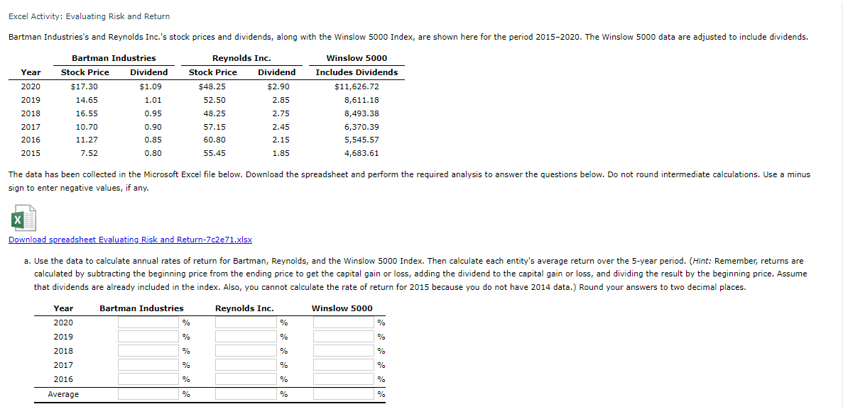  Excel Activity: Evaluating Risk and Return sign to enter negative values,