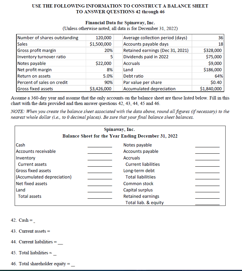  USE THE FOLLOWING INFORMATION TO CONSTRUCT A BALANCE SHEET TO ANSWER