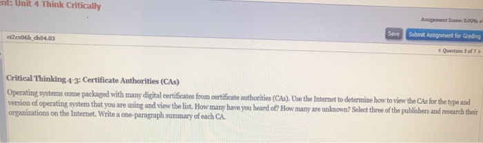  nt: Unit 4 Think Critically Assignment Score 0.00 Save Submit Assignment