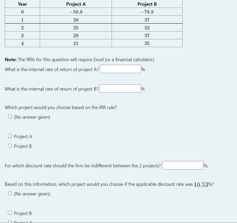 Note: The IRRs for this question will require Excel (or a