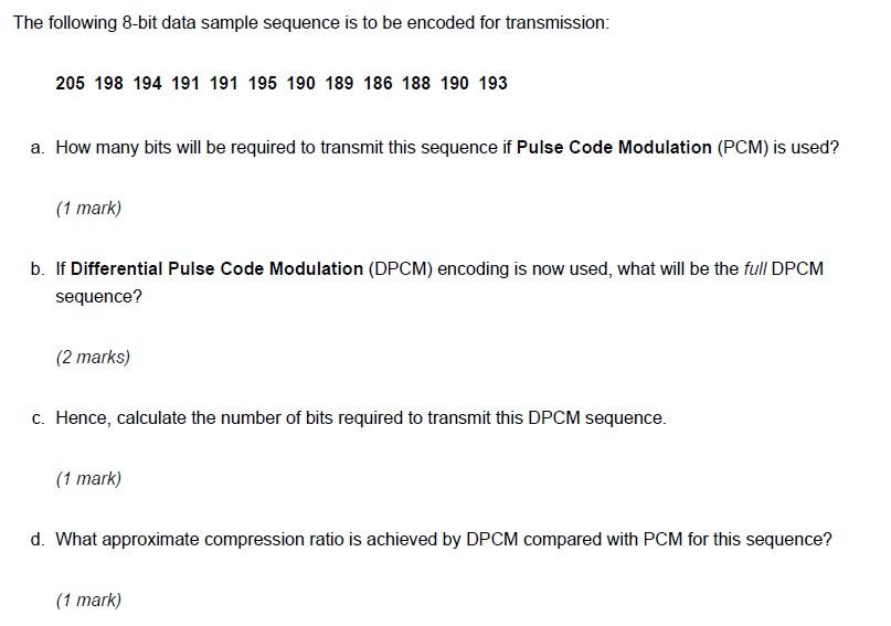  The following 8-bit data sample sequence is to be encoded for