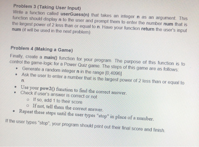 python program sample output Problem 3 (Taking User Input) Write a function