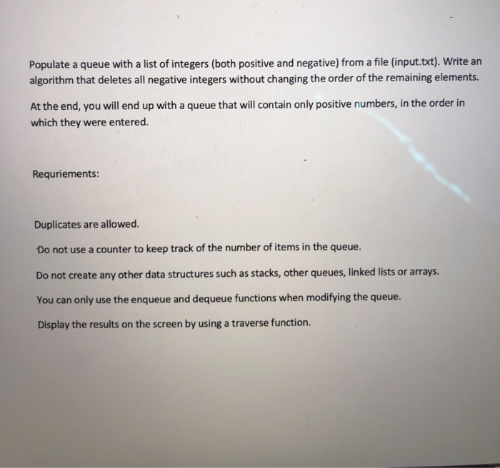 using java language Populate a queue with a list of integers (both