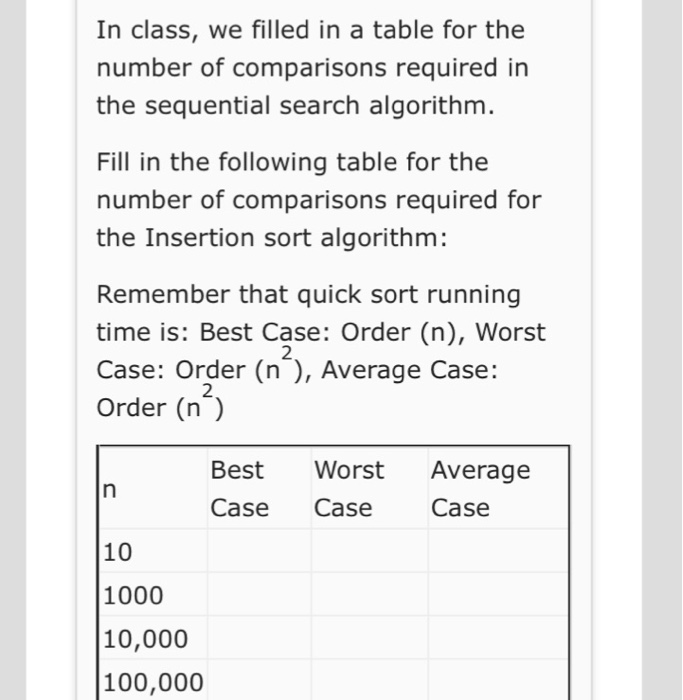  In class, we filled in a table for the number of