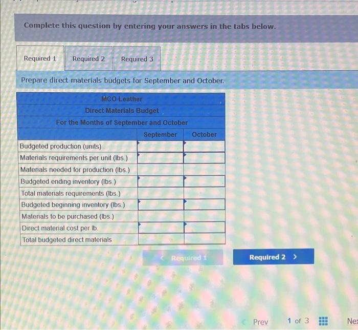 purses. Each purse requires 3 pounds of direct materials at a cost