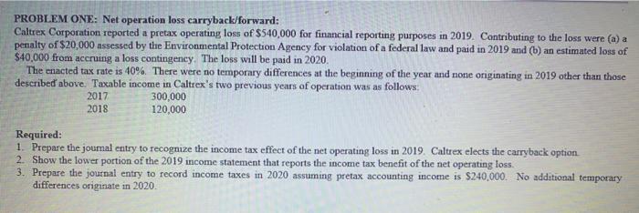  PROBLEM ONE: Net operation loss carryback/forward: Caltrex Corporation reported a pretax
