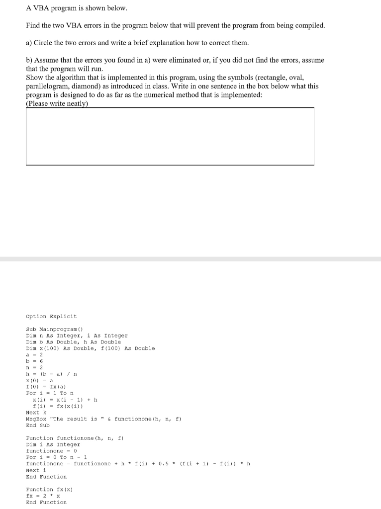  A VBA program is shown below Find the two VBA errors