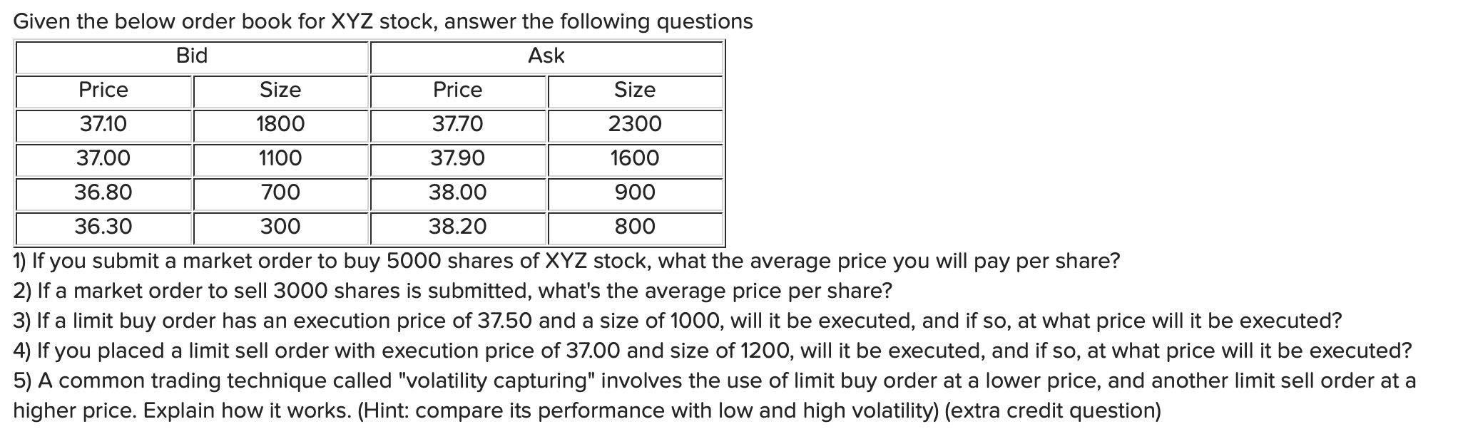  Given the below order book for XYZ stock, answer the following