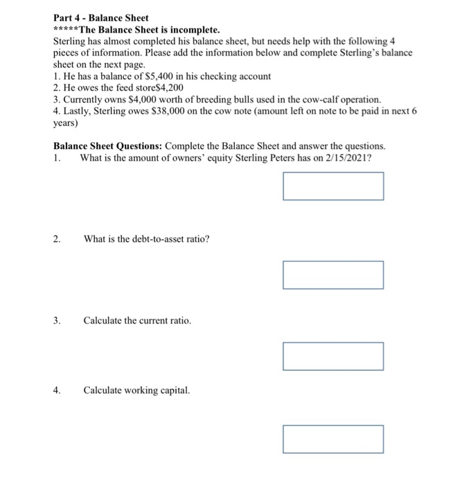  Part 4 - Balance Sheet ***** The Balance Sheet is incomplete.