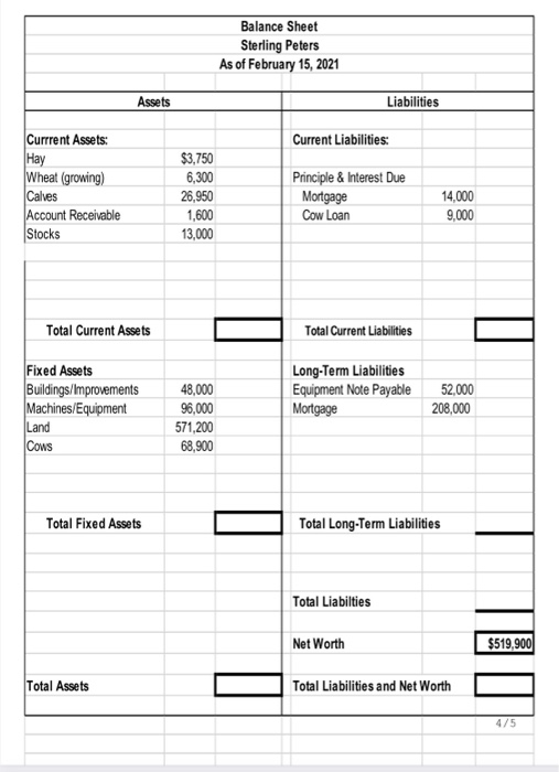 Sterling has almost completed his balance sheet, but needs help with the
