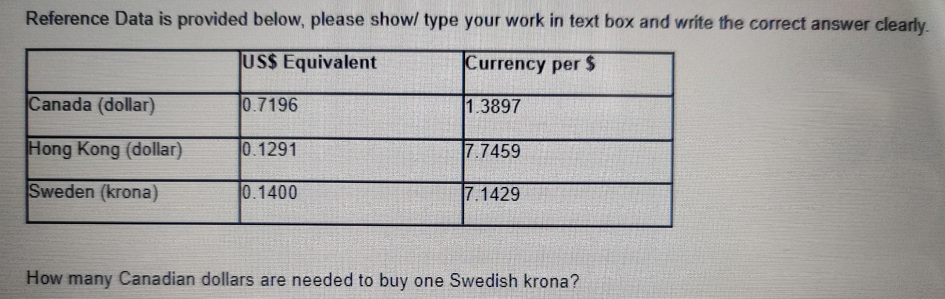  Reference Data is provided below, please show/ type your work in