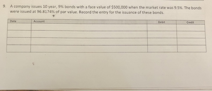  A company issues 10 year, 9% bonds with a face value