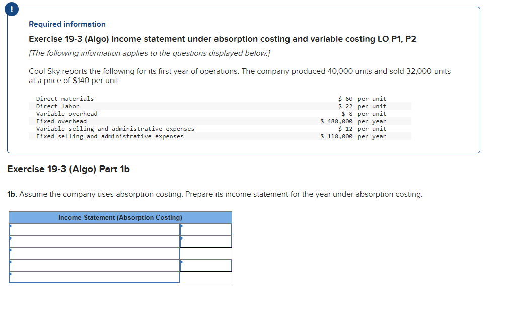 Required information Exercise 19-3 (Algo) Income statement under absorption costing and