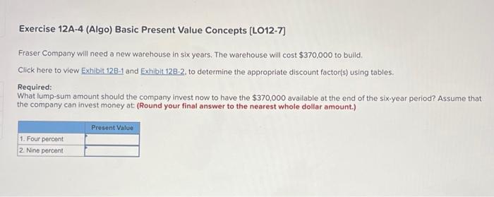  Exercise 12A-4 (Algo) Basic Present Value Concepts [LO12-7] Fraser Company will