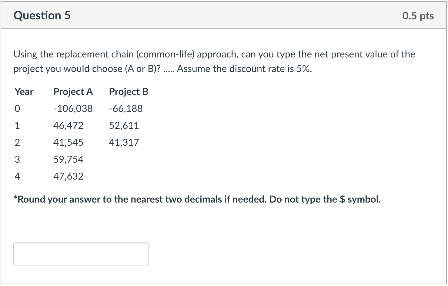 Please help! Question 5 0.5 pts Using the replacement chain (common-life)