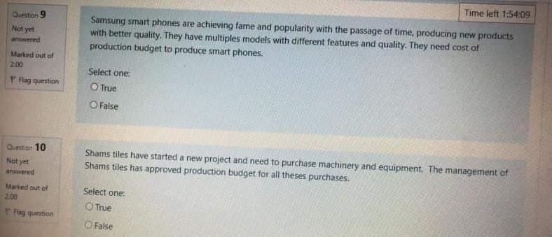  Choose the correct answer without explanation Question 9 Time left 1:54:09