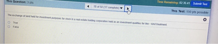  This Question: 3 pts Time Remaining: 02:35:41 Submit Test 18 of