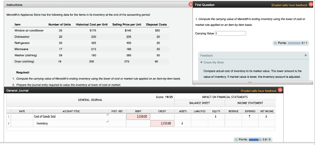 First Question Shaded cells have feedback Meredith's Appliance Store has the