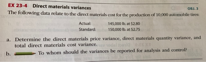  EX 23-4 Direct materials variances OBJ. 3 The following data relate